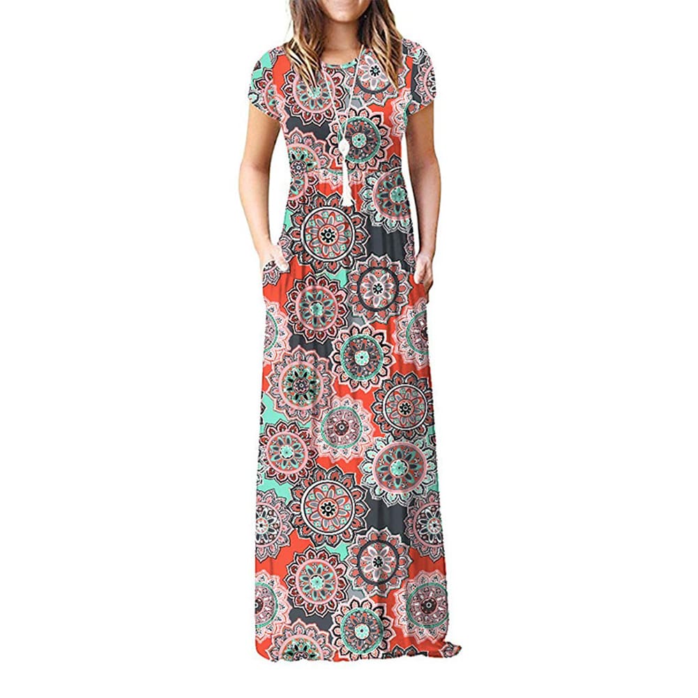 Summer Short Sleeve Long Dress Floral Print Boho Beach Dress Tunic Maxi Dress