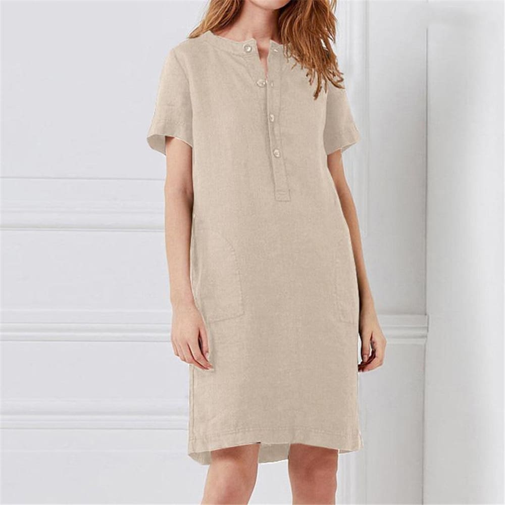 Plus Size Fashion Women Summer Solid O Neck Short Sleeve Cotton Linen Casual Pocket Loose T Shirt Top Women Maxi Dress Sundress