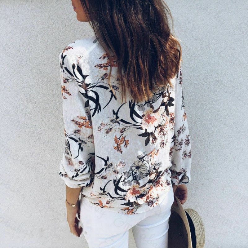 Women Boho Floral Long Sleeve V-neck Loose Summer Tops Shirt Fashion OL Ladies Plain Casual Button Blouse New