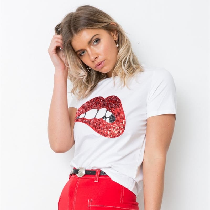 Hot Summer Fashion Red Lips Print Slim T-Shirts Women Girl Casual Short Sleeve T-Shirt Women Clothing