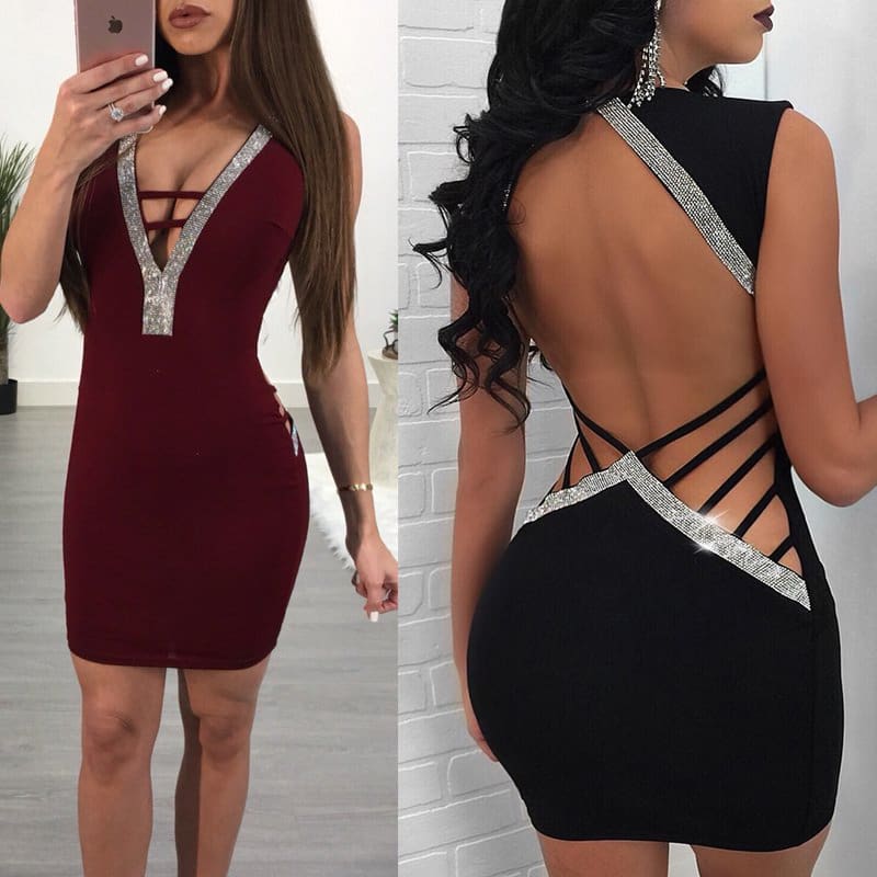 Women Deep V- Neck Sequin Bandage Bodycon Dress Summer Sexy Ladies Backless Party Short Slim Fit Mini Dresses