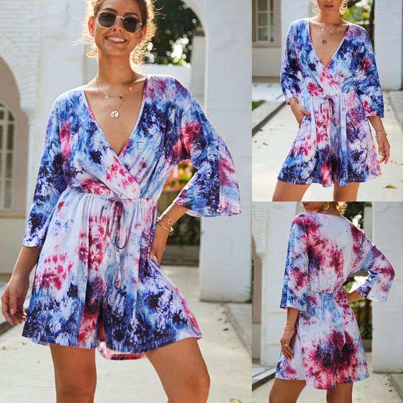 Women Holiday Mini Playsuit Ladies Fashion Half Sleeve V-Neck Summer Shorts Jumpsuit Beach Casual Loose Boho Floral Rompers