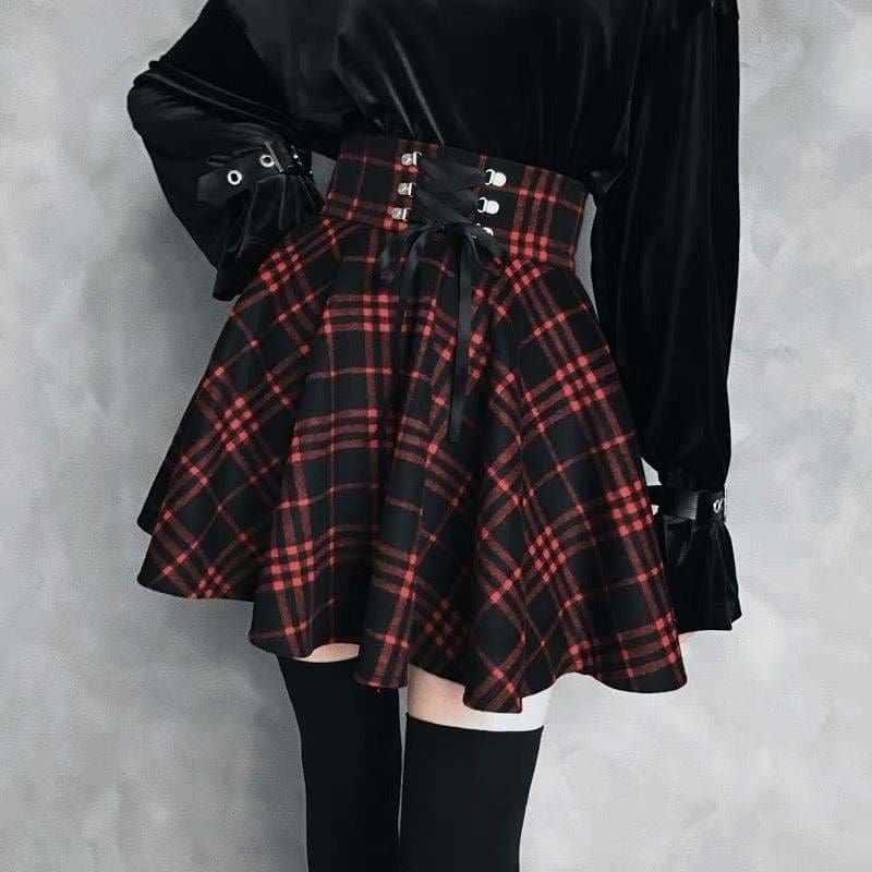 Plaid Pleated Ball Gown High Waist Lace Up Wool Skirt Bottom