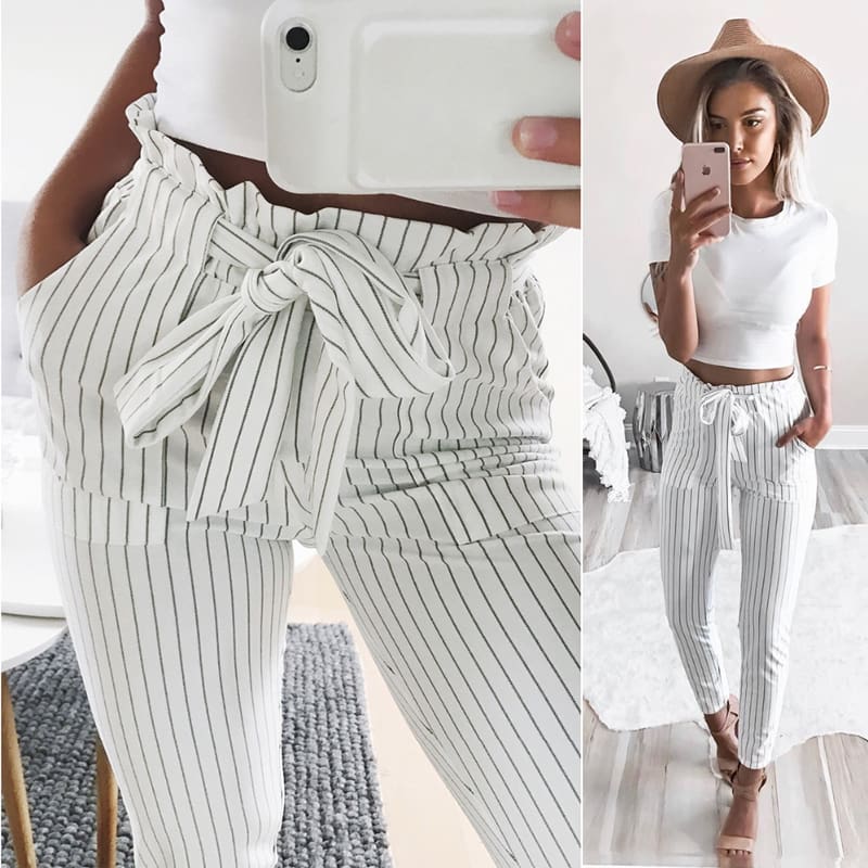 2019 New Elastic High Waist Striped Harem Pants Women Stringy Casual Slim Fit Long Pants Skinny Female Trousers Hot Sale