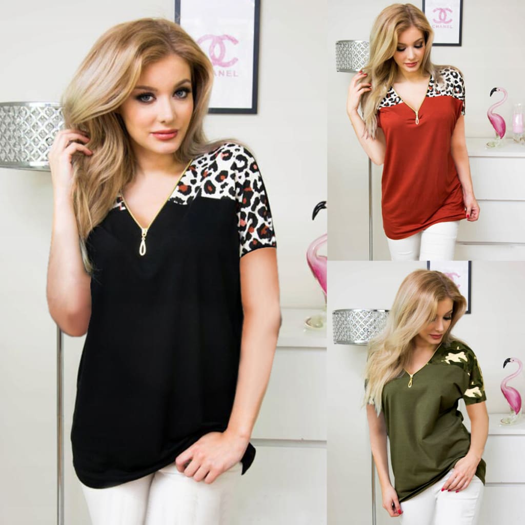 Women Ladies Summer Loose Top Short Sleeve Leopard Zipper Casual V-Neck Tops T-Shirt