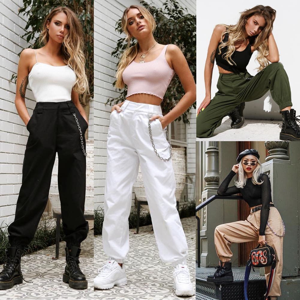 Stretch Waist Military Army Camouflage Camo Cargo Trousers Casual Harem Hip Hop Pants With Chain