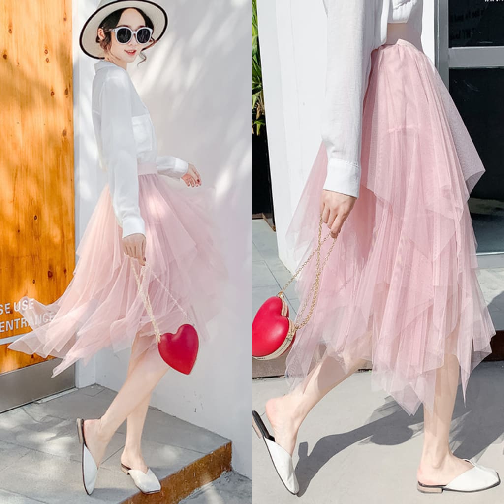 Women Irregular Mesh Tulle Tutu Skirt Elastic High Waist Female Prom Party Casual Layers Pleated Long Maxi Skirt