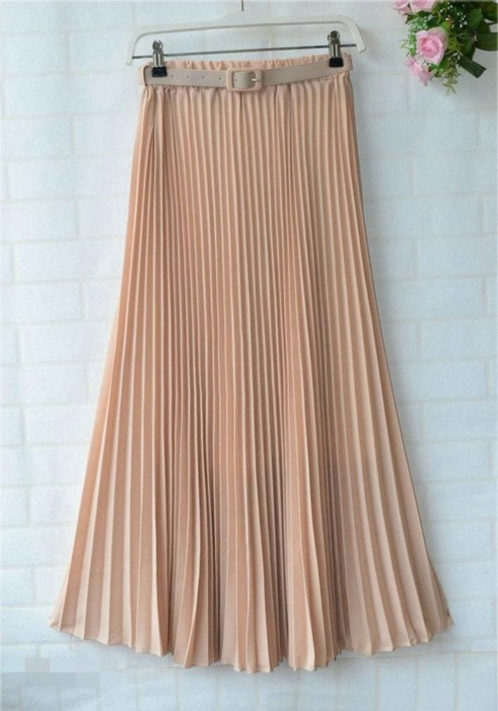 New Summer Women Ladies Elegant Long Skirt Retro Maxi Chiffon High Waist Solid Casual Pleated Beach Long Skirt Sundress