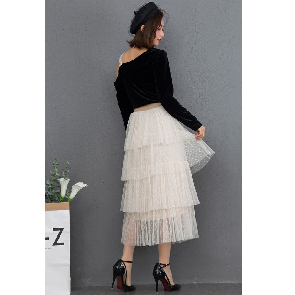 New Fashion Summer Women Dot Lace Tiered High Waist Beach Long Skirt Sundress Cake Tulle Skirt Party Ball Gown