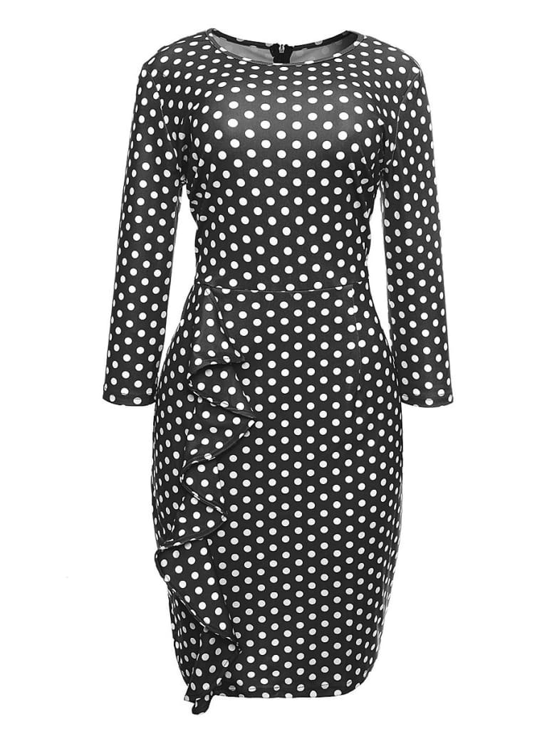 Elegant Women Ladies Sexy Long Sleeve Polka Dots Ruffle Bodycon Slim O-Neck Casual Party Long Pencil Dress