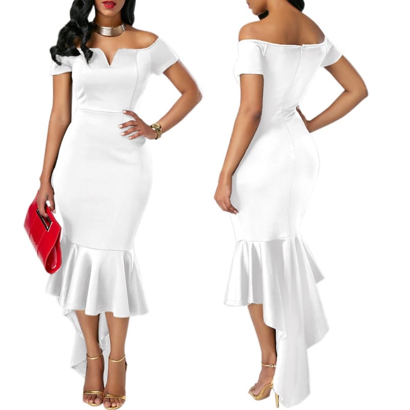 Fishtail Dresses for Women Off Shoulder Midi Bodycon Dress Short Sleeve V Neck Cocktail Party Evening Formal Dress