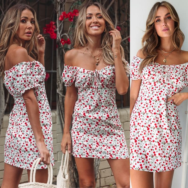 Women Boho Floral Off Shoulder Bodycon Short Sleeve Dress Summer Beach Party Short Mini Slim Dress Sundress