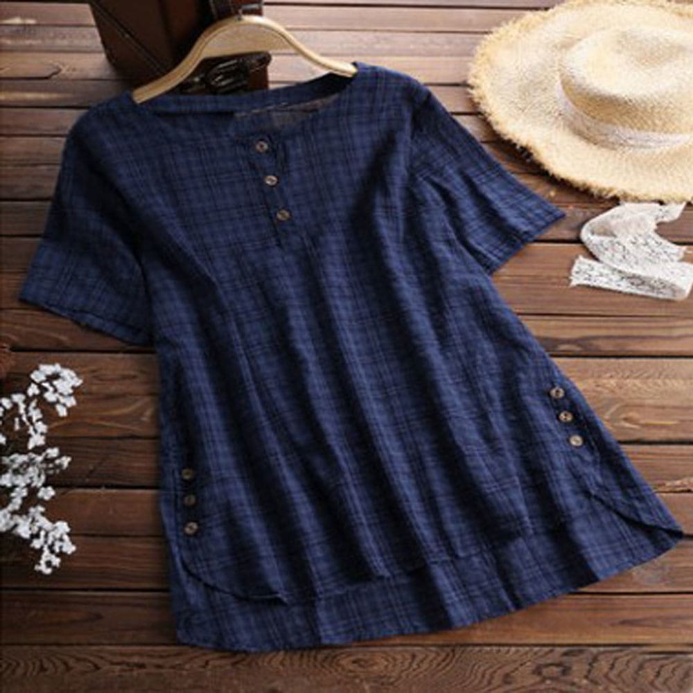 Plus Size Women Summer Button Crew Neck Blouses Loose Baggy Tops Tunic Shirts Ladies Casual Solid Short Sleeve Blouse