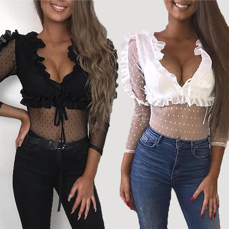 Women Ladies See Through Lace Mesh Sheer Long Sleeve V-Neck Crop Top Casual Summer Solid Shirt Blouse Tee