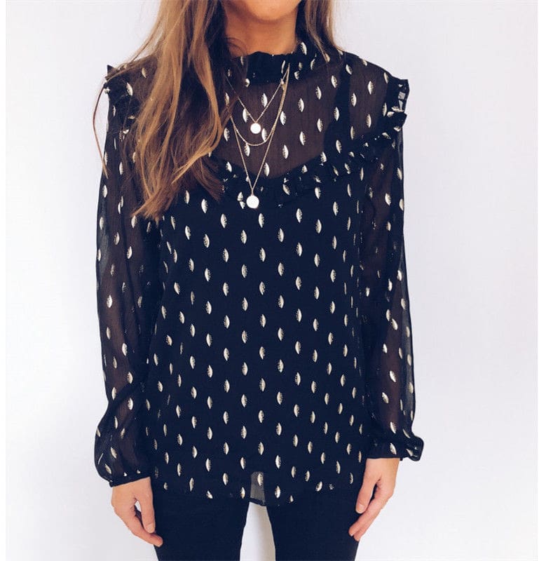 Women Boho Beach Summer Chiffon Blouse Shirt Elegant Lady Polka Dot Top Ruffles Ladies Long Sleeve Tops Shirt