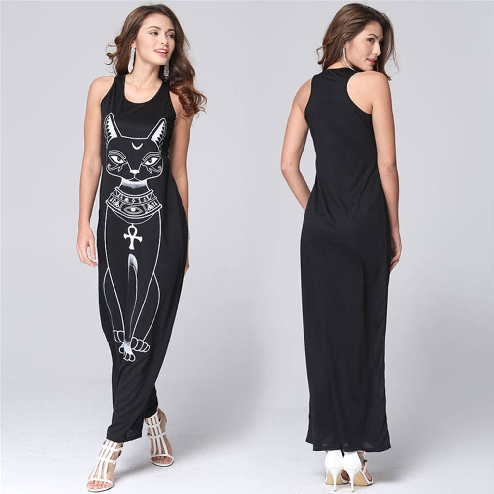 New Women Summer Long Dress Casual Sleeveless Bodycon Cat Print Party Beach Dress Long Loose Dress