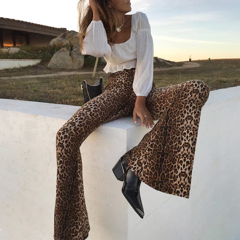 Women Flared Leopard Print Bell Bottom Loose Pants Ladies Bandage Casual Stretch High Waist Long Trousers New