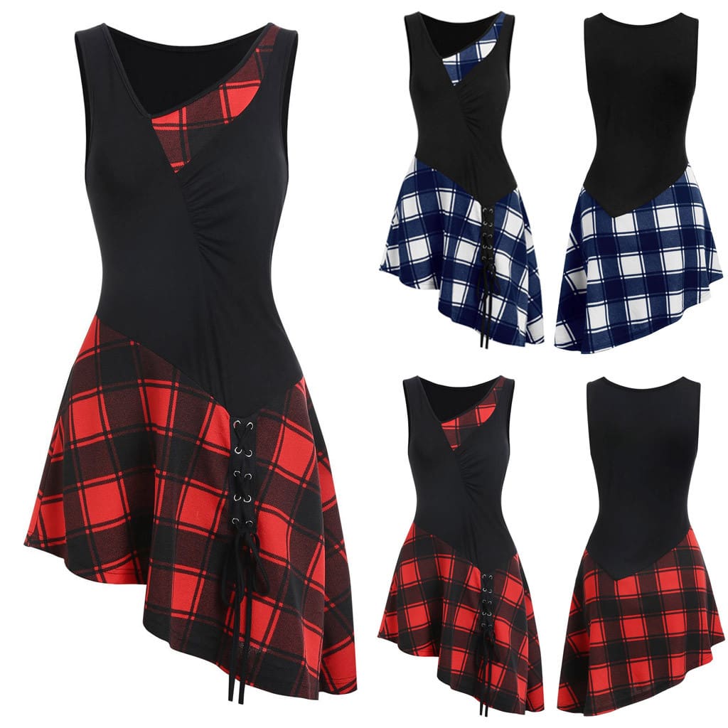 Women Lace Up Tartan Checked Plaid Print Asymmetrical Dress