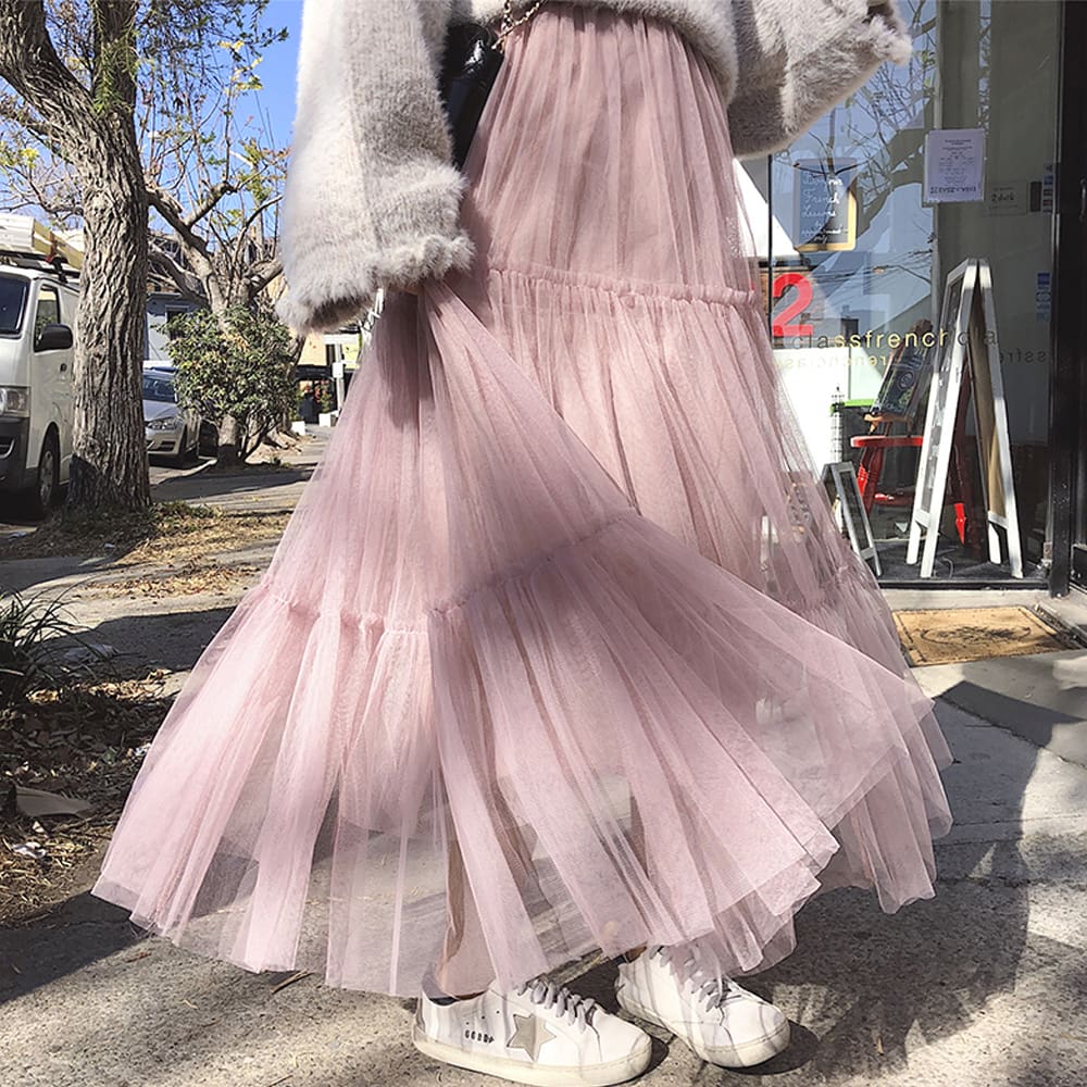 Summer Women Elastic Mesh Tulle Pleated Skirt Ladies Casual Holiday A-Line High Waist Solid Long Maxi Skirt