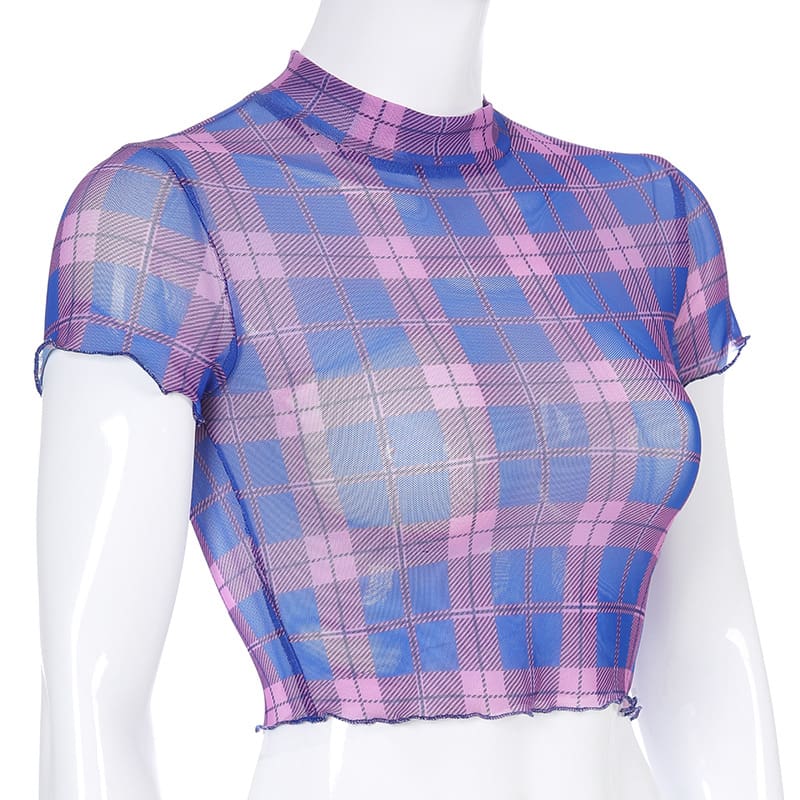 Fashion Summer Women Plaid Sheer Mesh Crop Tops Ladies Short Sleeve Sexy See-through Seamless Shirt Summer Clothes