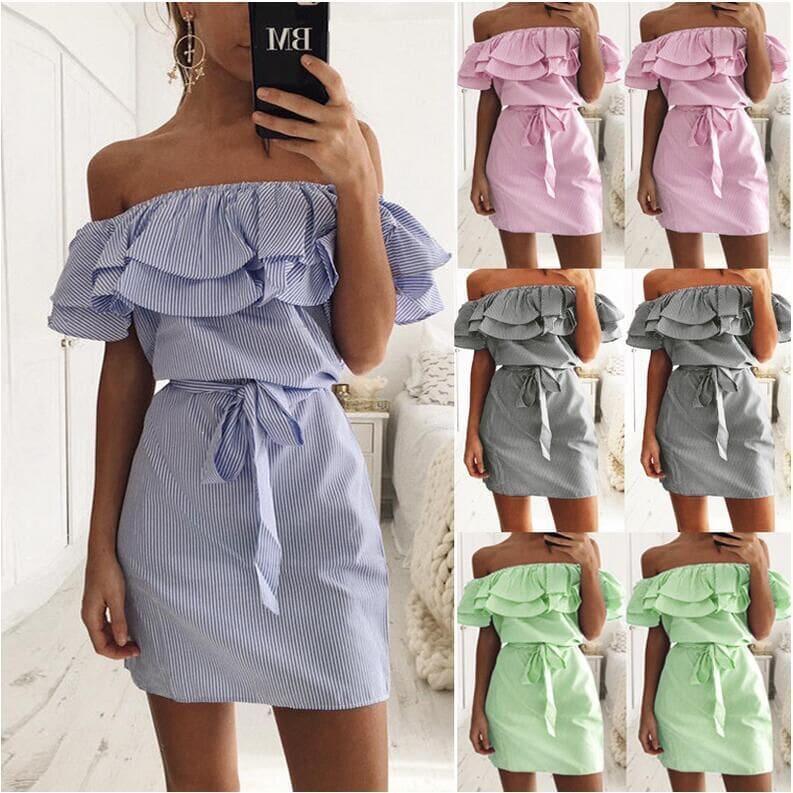 Cloth Striped Sashes Summer Dress Ruffle Collar Bandage Casual Dresses