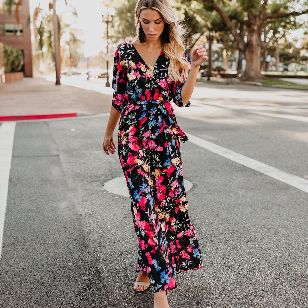 Boho Floral Printed Long Maxi Dress Elegant Women Short Sleeve V-Neck Loose Dress Ladies Summer Party Beach Sundress