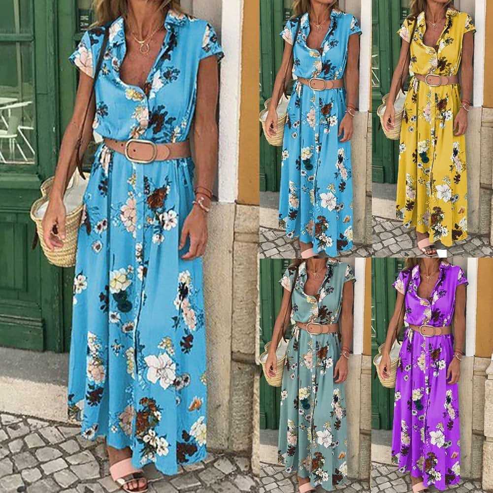 Women Floral Boho Long Dress Short Sleeve High Waist Elegant Ladies Holiday Summer Beach Casual Sundress