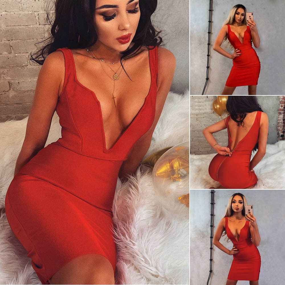 Women Dress Ladies Deep V-neck Sleeveless Bandage Bodycon Evening Party Club Short Mini Dress