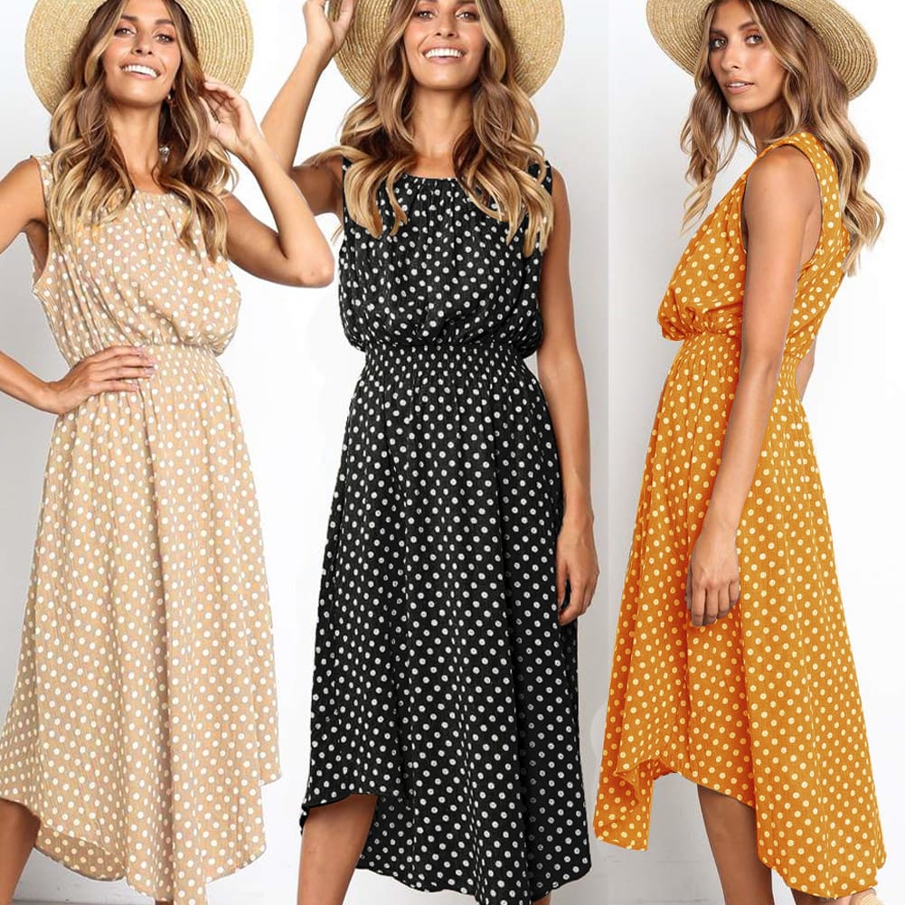 Women Boho Sleeveless Midi Dress Polka Dot Fashion Summer Party High Waist O-Neck Holiday Beach Dress Sundress