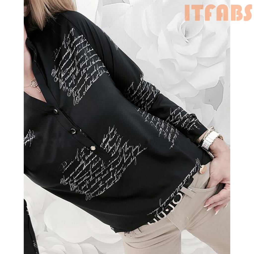 Women Long Sleeve V-neck Button Letter Print Shirt New Fashion OL Ladies Casual Long Sleeve Shirt 2 Colors