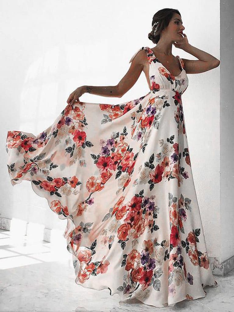 Fashion Floral Dress Women Summer Sleeveless V-Neck Backless Vintage Long Boho Party Casual Loose Beach Sundress