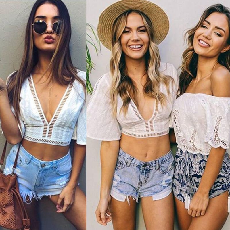 New Women Ladies Loose V-Neck Pullover Crop Tops Summer Sexy Frill Bralet Boobtube Top Party Blouse Casual