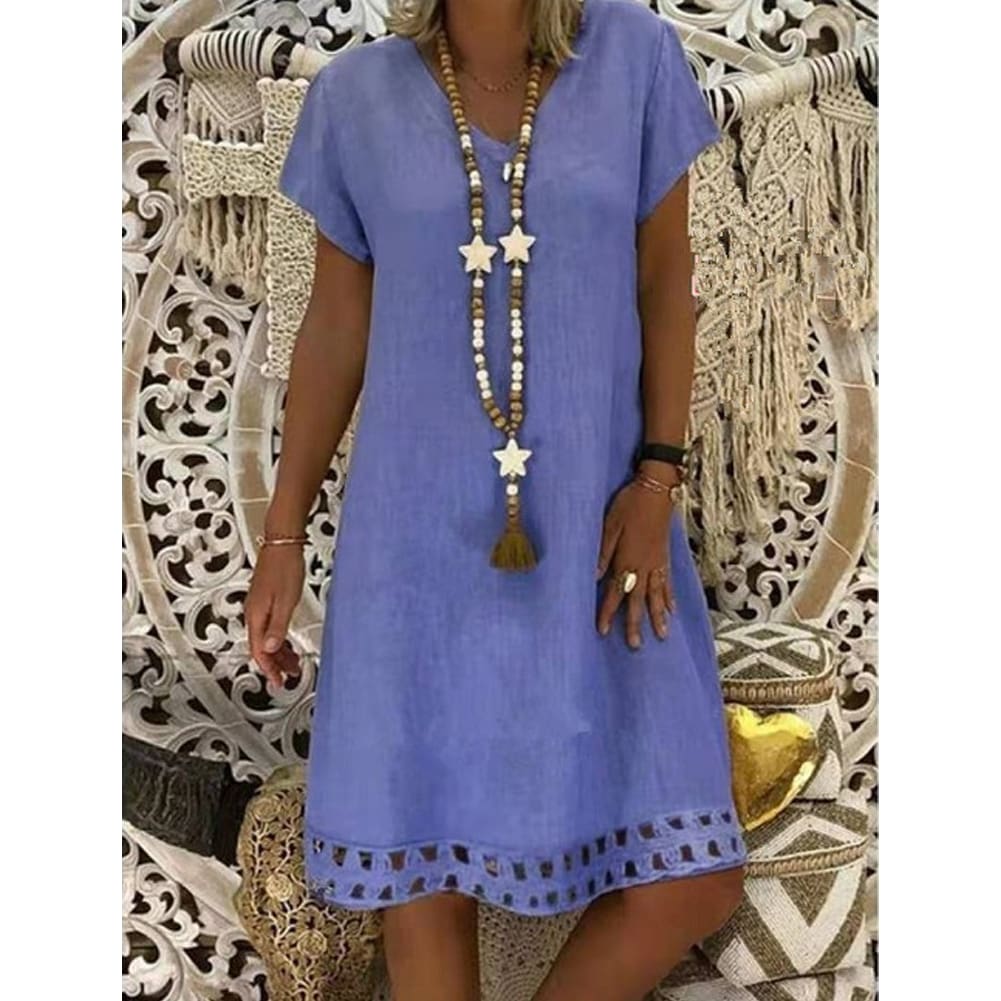 Women Summer Boho Short Sleeve Dress Solid V Neck Beach Loose Tops Dresses