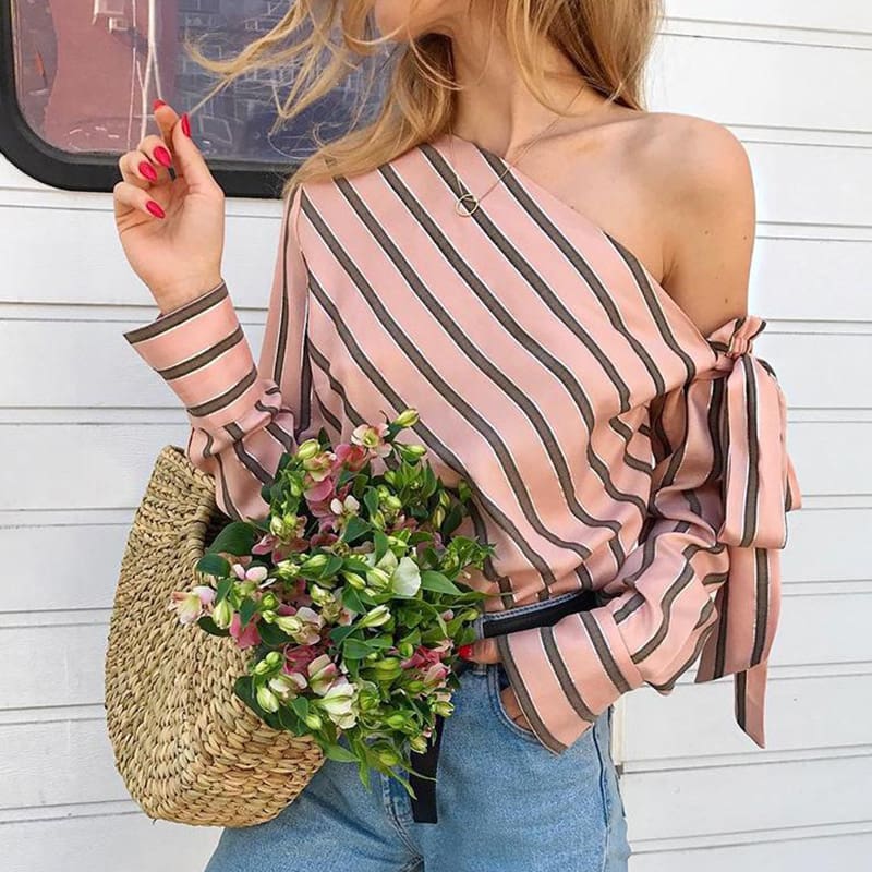 Summer Women New Striped Loose Blouse Fashion Ladies Off Shoulder Lace Up Shirts Female Elegant Tops Blouses