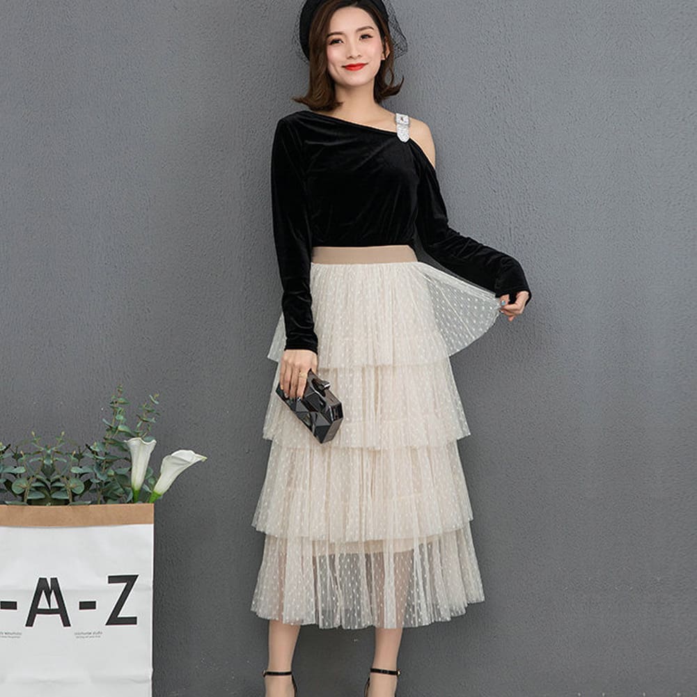 New Fashion Summer Women Dot Lace Tiered High Waist Beach Long Skirt Sundress Cake Tulle Skirt Party Ball Gown