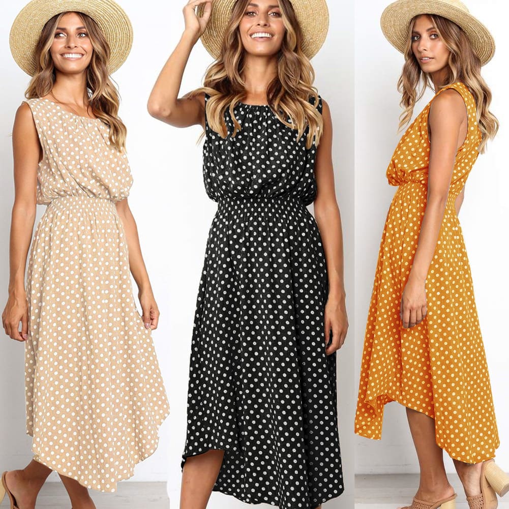 Women Boho Sleeveless Midi Dress Polka Dot Fashion Summer Party High Waist O-Neck Holiday Beach Dress Sundress