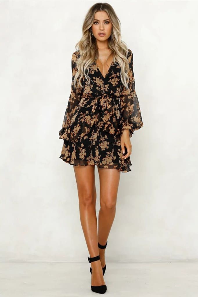 Womens Summer Boho Floral Short Mini Dress Ladies Long Sleeve V Neck Holiday Party Beach Dress Sundress