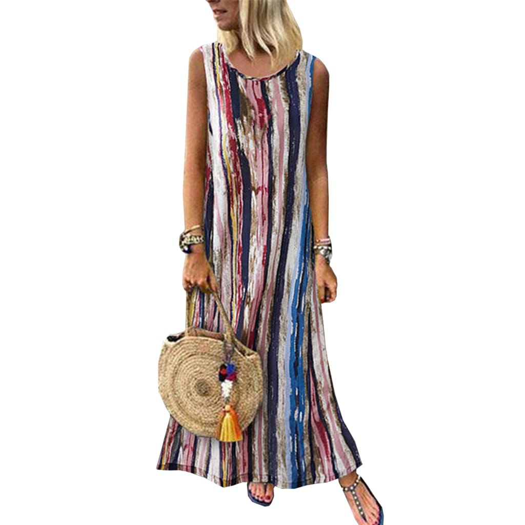 Womens Sleeveless V-neck Striped Hem Baggy Kaftan Ladies Casual Loose Maxi Long Dress Sundress