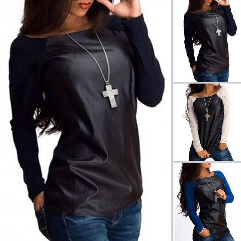 New Women Leather Patchwork Long Sleeve Sweatshirt T-Shirt Autumn Ladies Casual Loose Blouse Tops