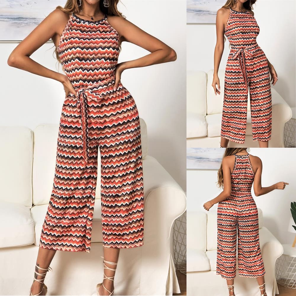 Women Casual Summer Jumpsuit Sleeveless Printed Bohemian Holiday Wide Leg Bodycon Party Long Trousers Romper