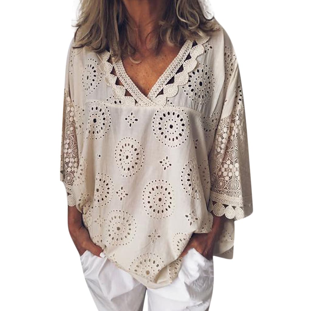 Women Blouse V-Neck Long Sleeve Embroidery Cotton Shirt Summer Holiday Ladies Casual Loose Solid Top Outwear