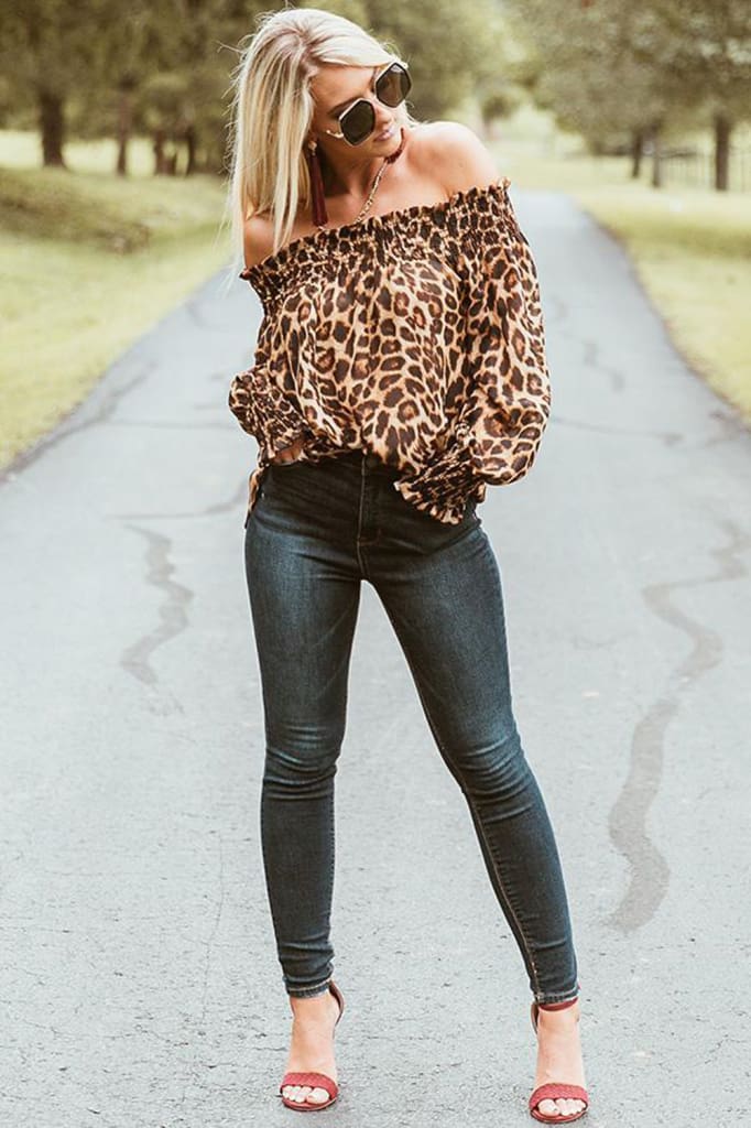 Fashion Women Off Shoulder Blouse Hot Sexy Ladies Leopard Print Long Sleeve Loose Holiday Casual Blouse Tops