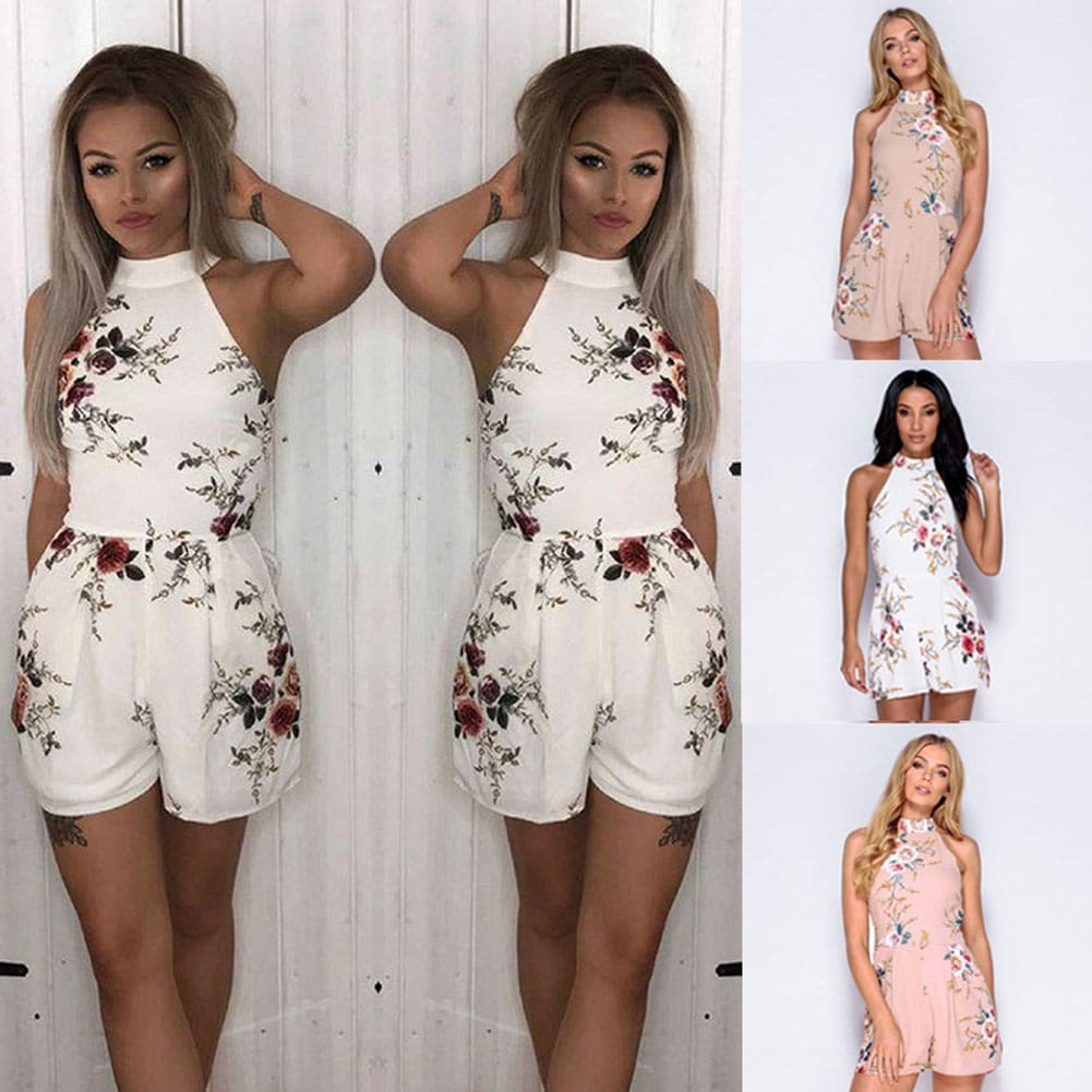 Women Boho Floral Summer Holiday Jumpsuit Strapless Playsuits Ladies Summer Beach Casual Romper Women Clothing