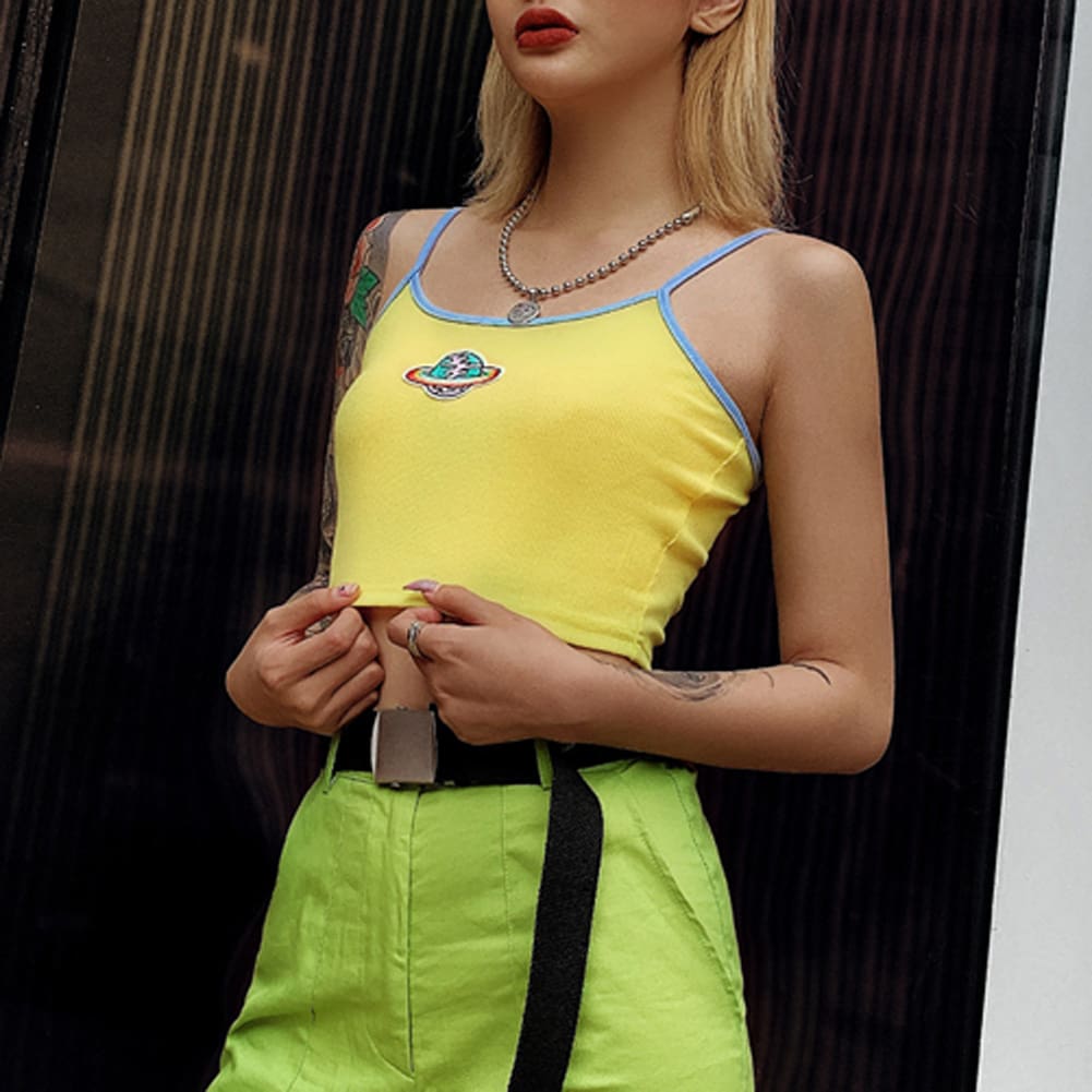 Women Casual Printed Yellow Tank Top Bustier Vest Blouse Ladies Sleeveless Summer Beach Crop Top Shirt Cami Top