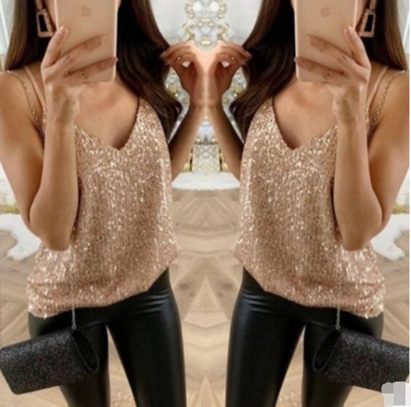 New Women Sequin Shinny Loose Sleeveless Camisole Tank Tops Casual Nightclub Party Clothes Vest Ladies Sparkly Tank Top