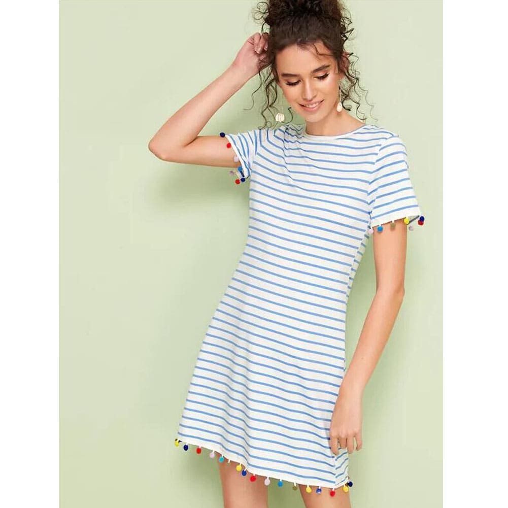 New Women Short Sleeve Mini T-shirt Dress Summer Ladies Casual Round Neck Striped Tassel Loose Beach Sundress