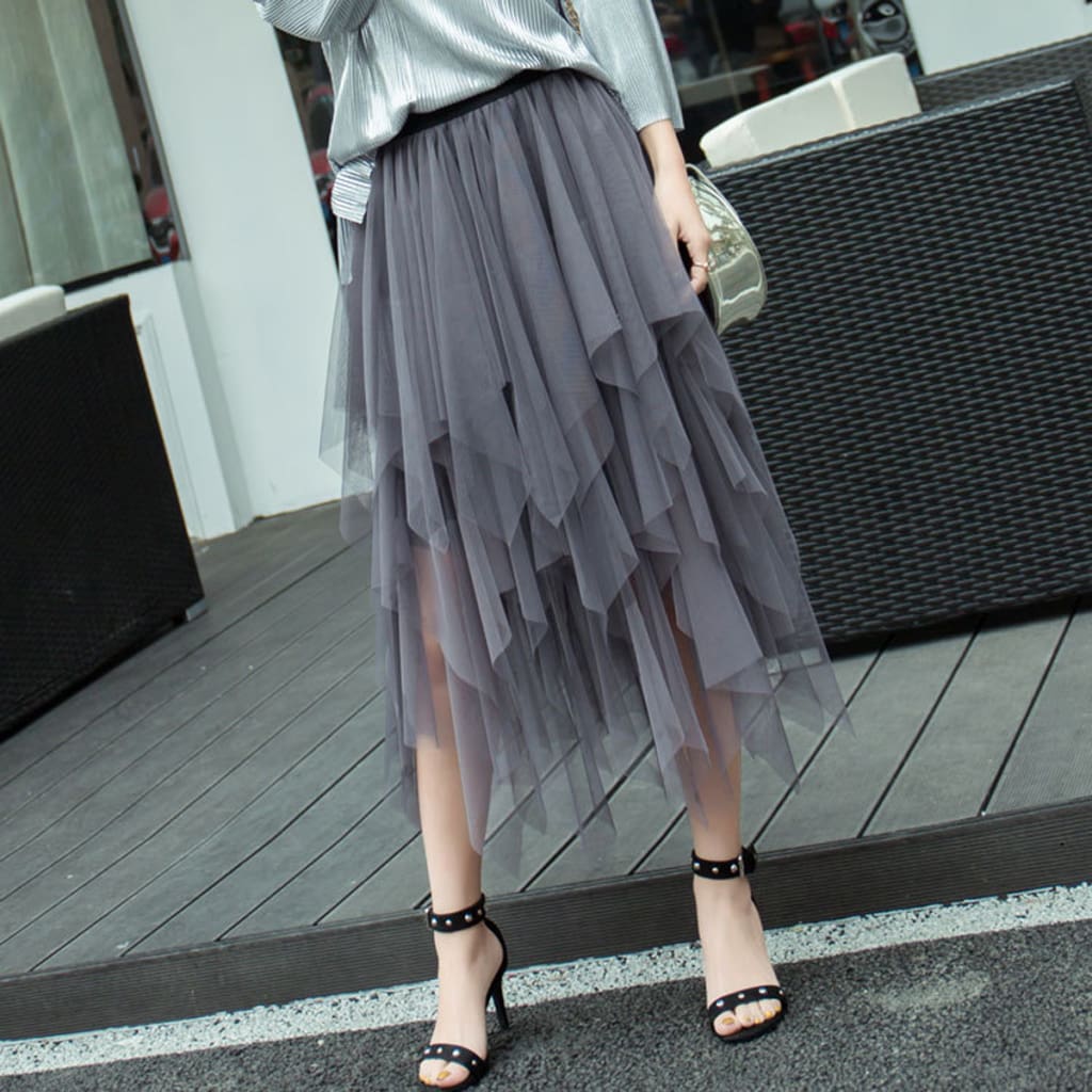 Women Irregular Mesh Tulle Tutu Skirt Elastic High Waist Female Prom Party Casual Layers Pleated Long Maxi Skirt