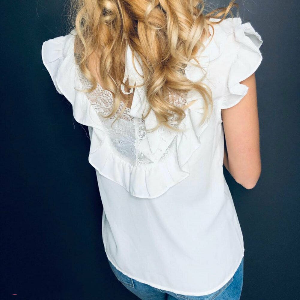 Summer Fashion V-Neck Chiffon Women Casual Loose Blouse New Ladies Sleeveless Lace White Tops Shirt