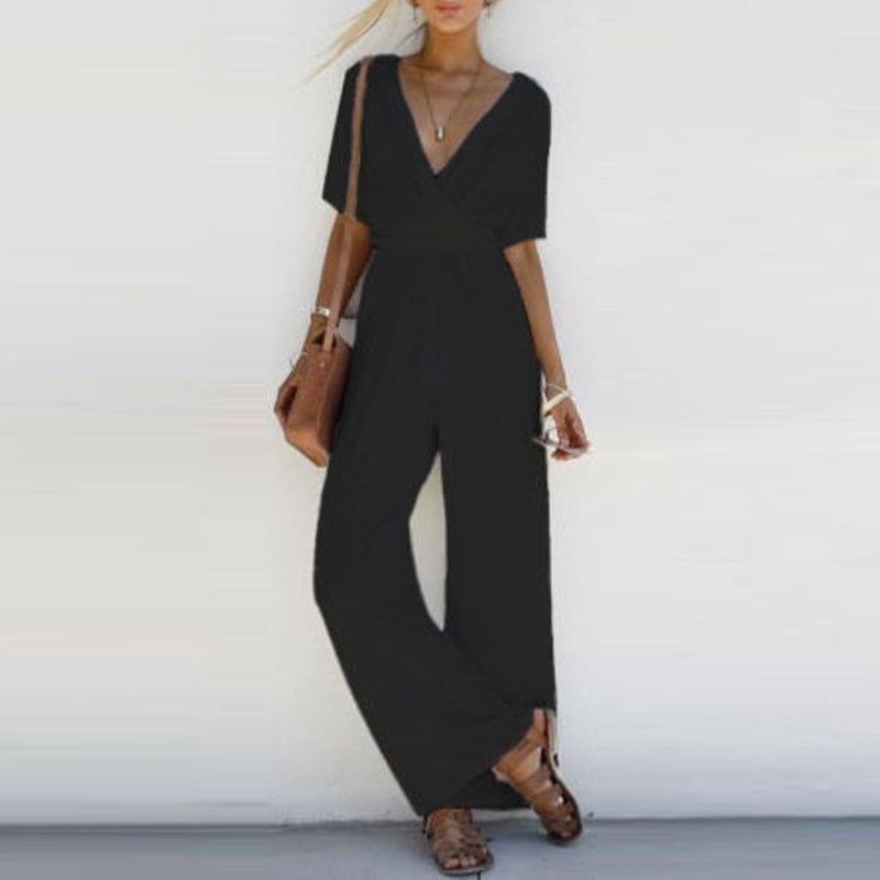 New Fashion Summer Casual Women V Neck Loose Playsuit Party Ladies Romper Solid Short Sleeve V Neck Long Jumpsuit