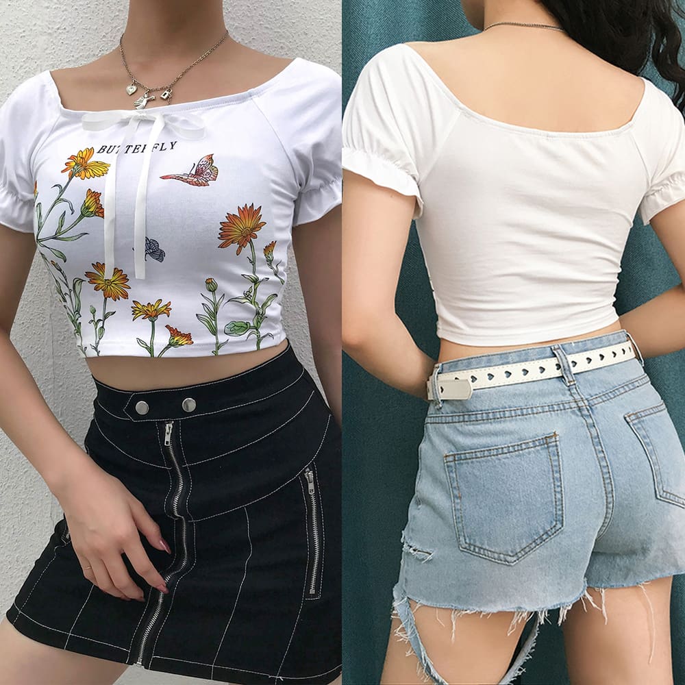 New Women Summer Floral Off Shoulder Tops Ladies Casual Blouse Short Sleeve Beach Holiday Slim Crop Top Shirt